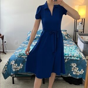 Elegant Blue Midi Dress with Tie Waist size 6